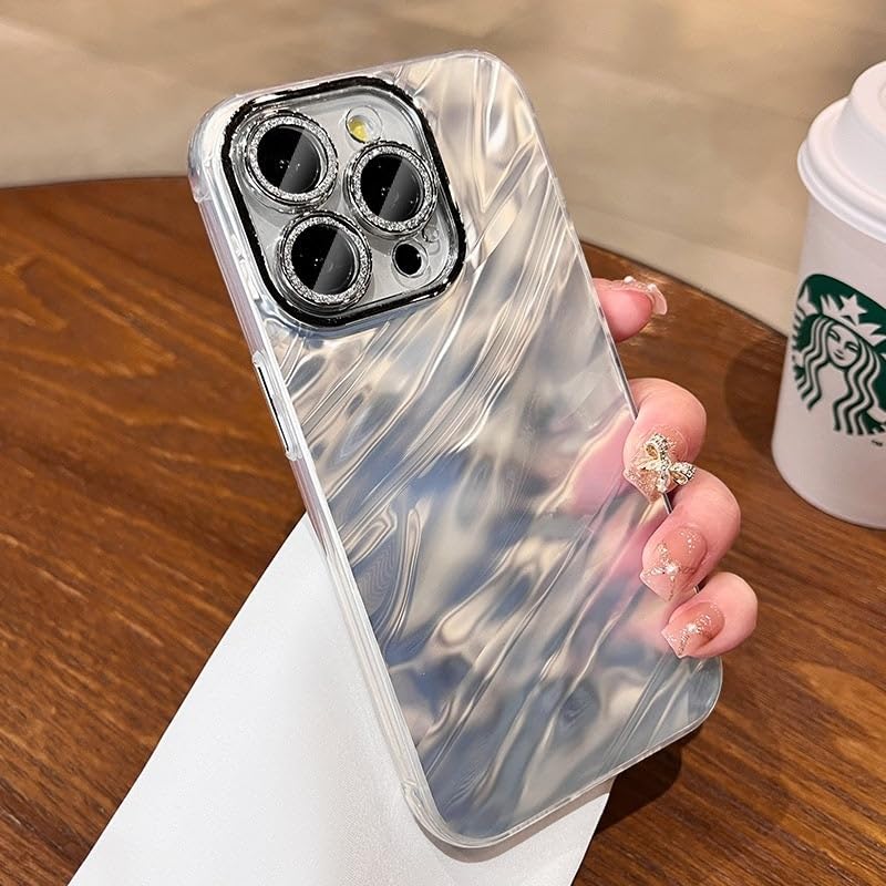 Image of COVERLY for iPhone 12 Pro Hot Diamond Ring Lens Film Camera Protection Phone Case, Luxury 3D Laser Cut Water Ripple Mirror Gradient Glitter Colorful Hard Mobile Cover for Apple iPhone 12 Pro (Silver)