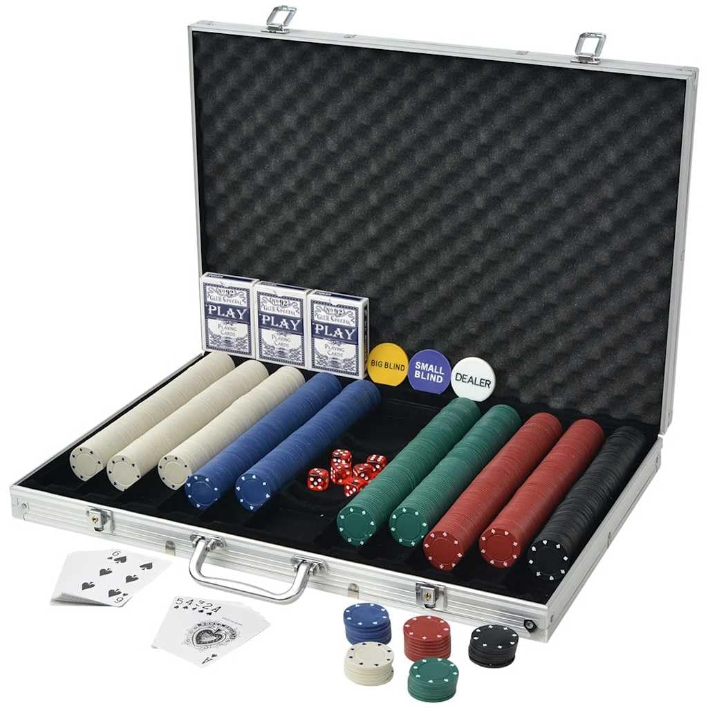 Set da poker da 1000 fiches in valigetta in alluminio con 3 mazzi di carte e pulsante Dealer