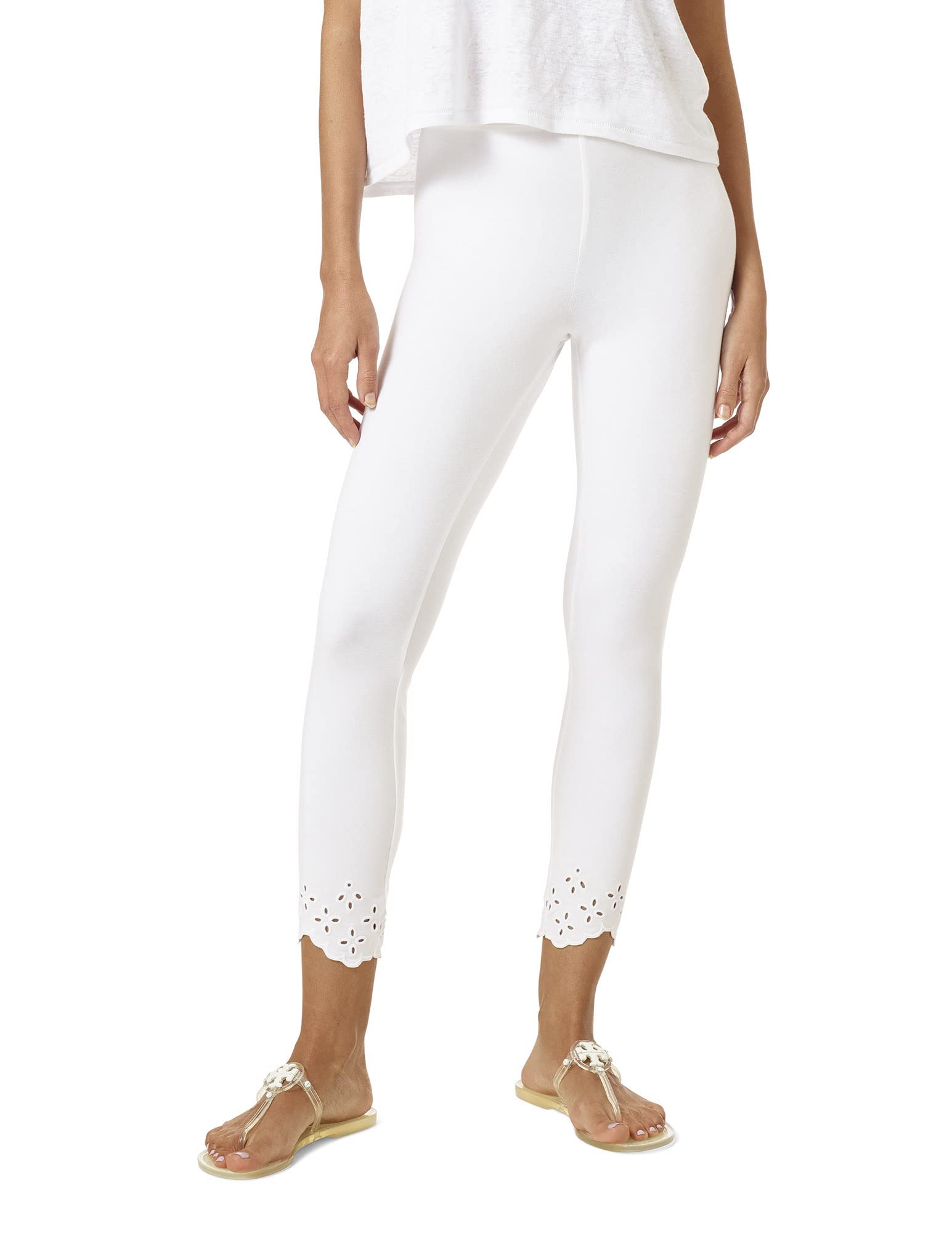 HUE Legging Skimmer de algodón con Dobladillo Bordado CalcetinesMujer - Blanco - Diseño de flores festoneadas