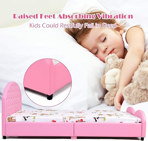 Miniatura 5 de Costzon Armazones de Cama Individual para Niños, Plataforma de Cama Individual Tapizada de Madera con Soporte de Listones, Cabecera y Pie de Cama