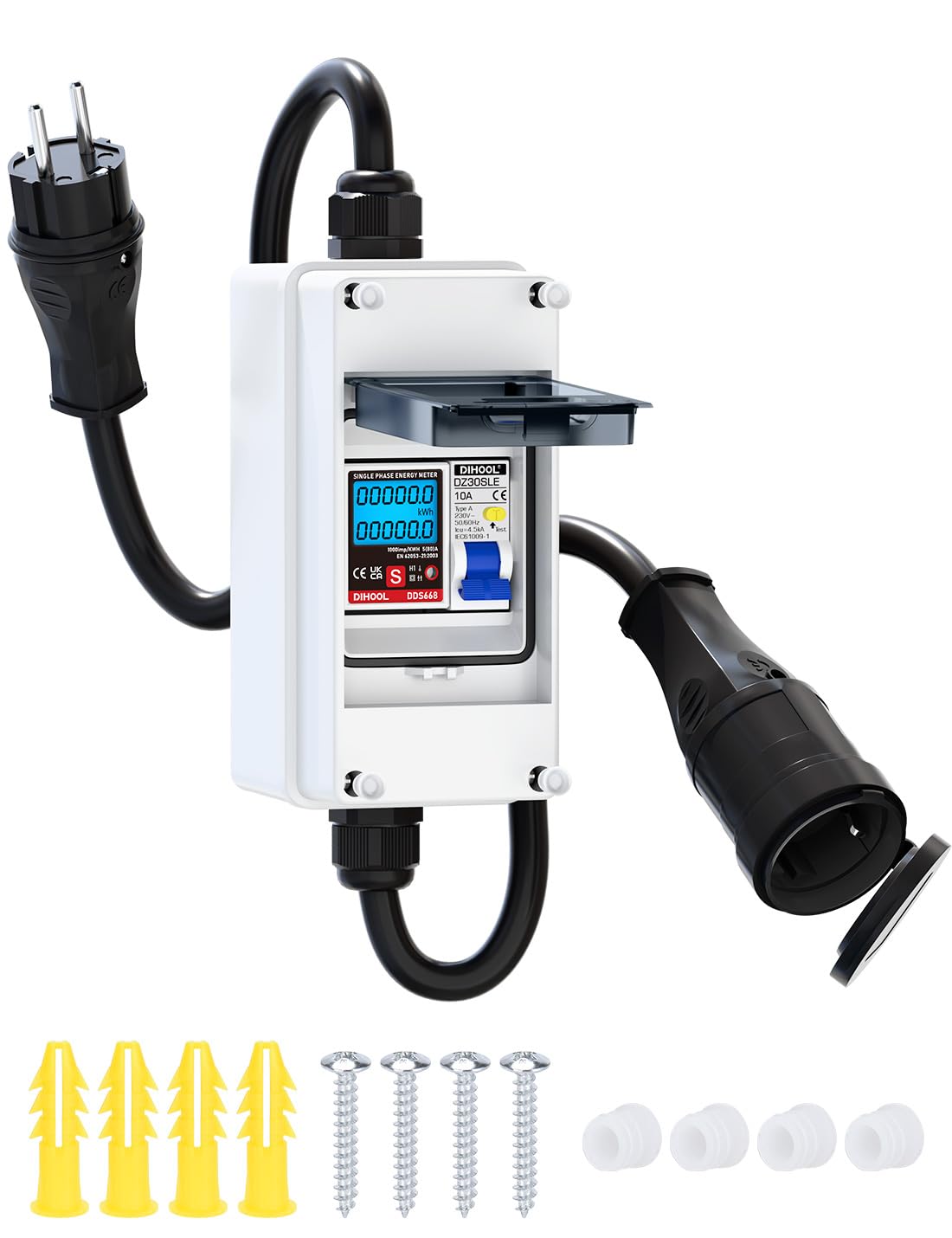 DIHOOL Mobiler Digitaler Stromzähler Für Steckdose 80A 230V Mit Typ A fi ls Schutzschalter 16A und Schuko Stecker Ip65 Stromverbrauchsmesser