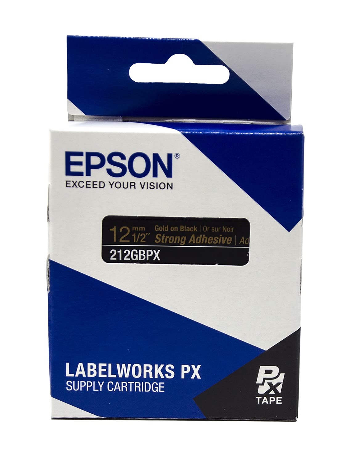 Epson LABELWORKS 212GBPX Genuine PET (Polyester) Tape Cartridge - Gold on Black Label Maker Tape - 1/2" (12MM) Wide, 30'
