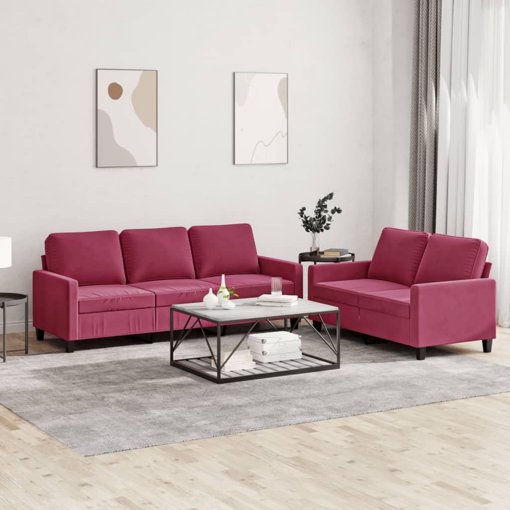 Ensemble de canapé 2 pièces avec coussin en velours bordeaux