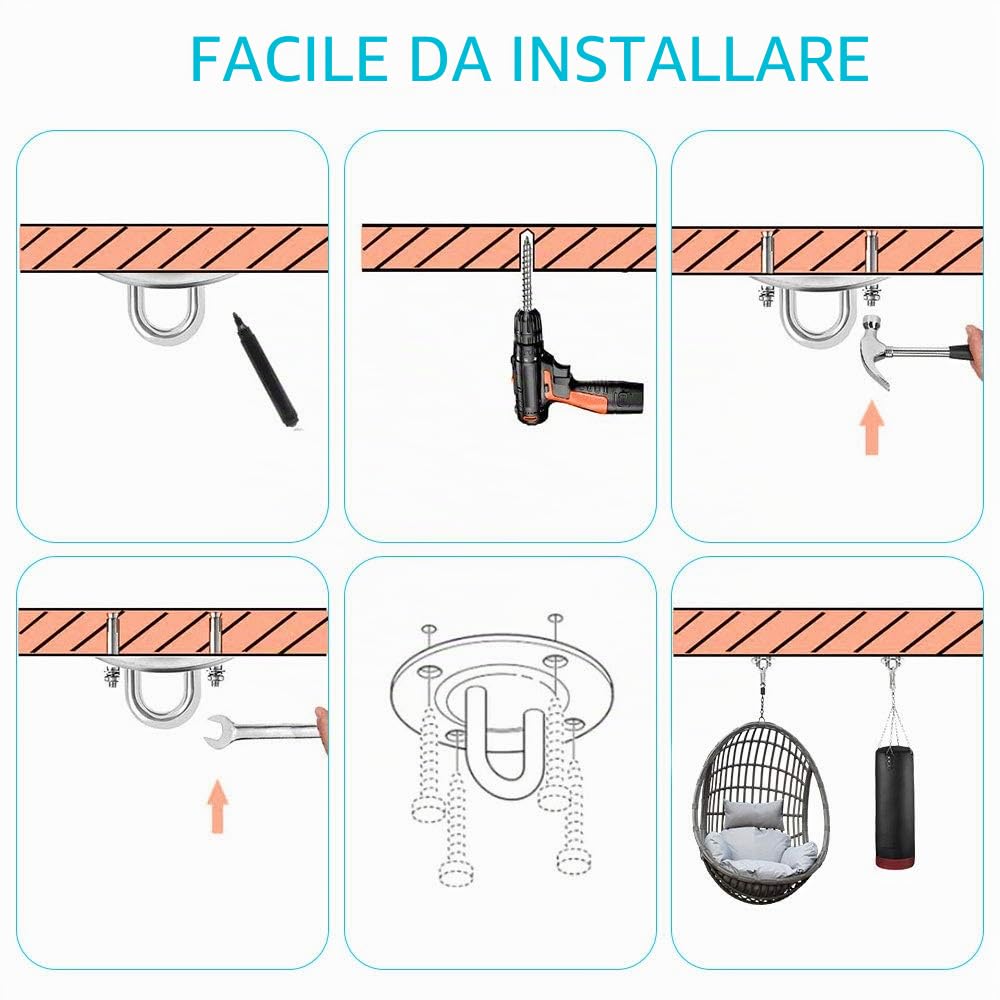 Set di 2 Ganci per Altalena Pesanti, Ganci per sedie da Appendere a soffitto per Amaca in Acciaio Inox, Ganci per Montaggio a soffitto per Portico, Sedia Yoga, Amaca da Palestra, Fino a 500 kg