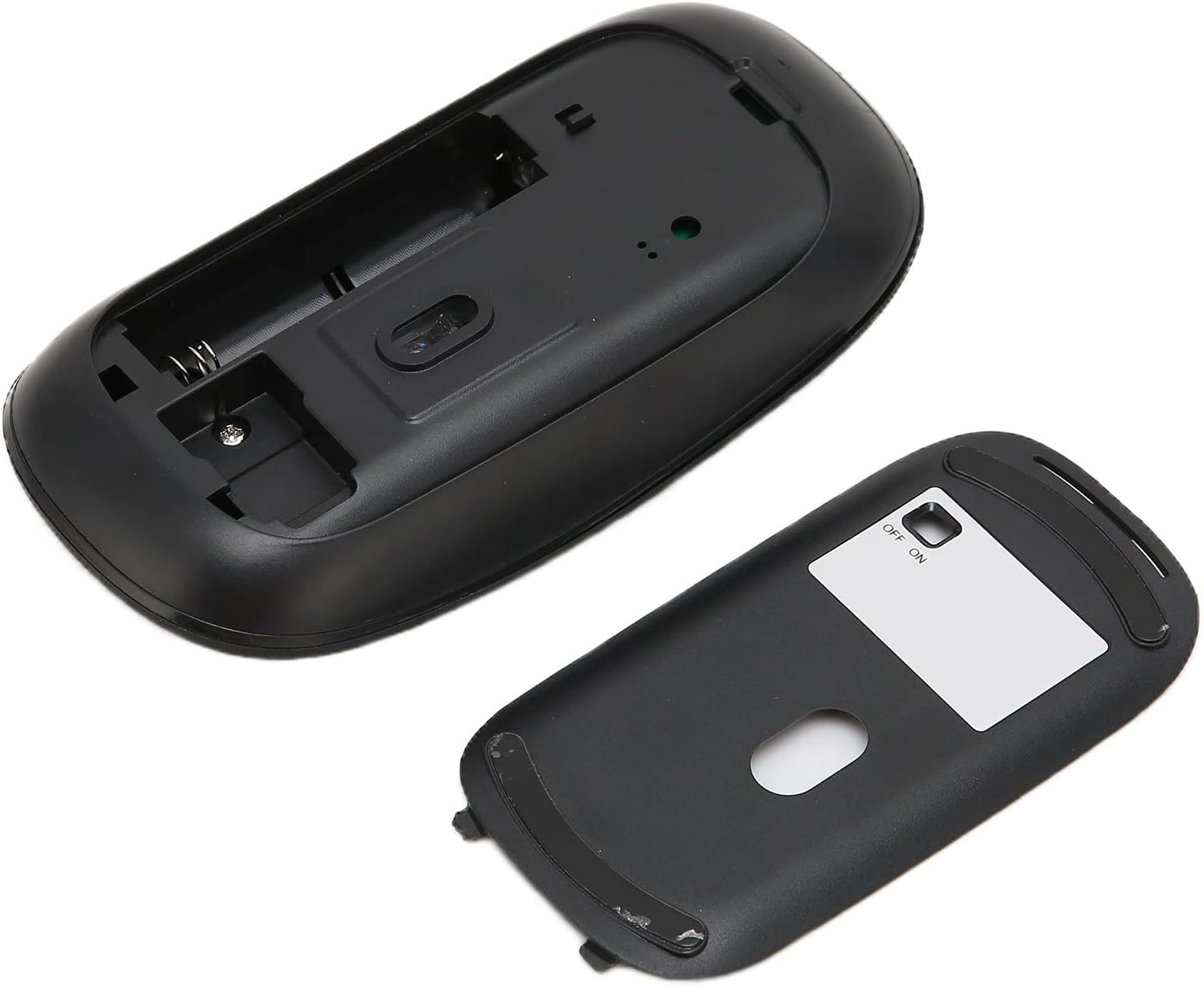 Image showing the underside of the Ciciglow Wireless Bluetooth Mouse with the battery compartment open, ready for battery insertion.