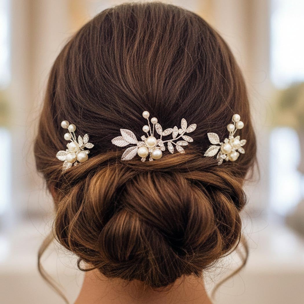 Heread Pearl Bride Wedding Hair Pins Silver Leaf Bridal Hair Pieces Rhinestones Hair Accessories for Women and Girls (Pack of 3) - Image 5