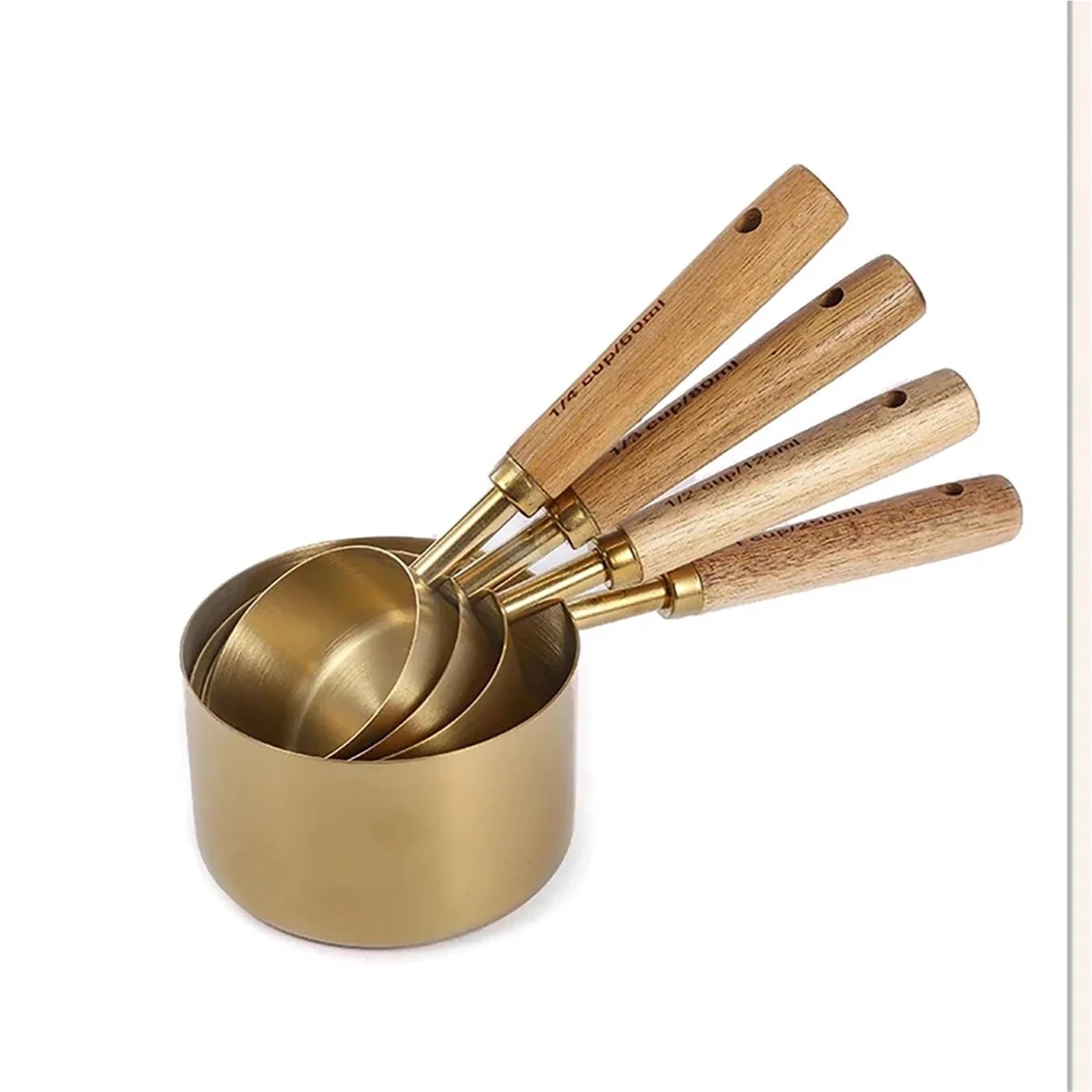 8 Stück Messbecher Löffel aus Edelstahl | Goldfarbener Holzgriff, Backutensilien, Kaffee-Barkeeper-Skala, Küchenzubehör-Set
