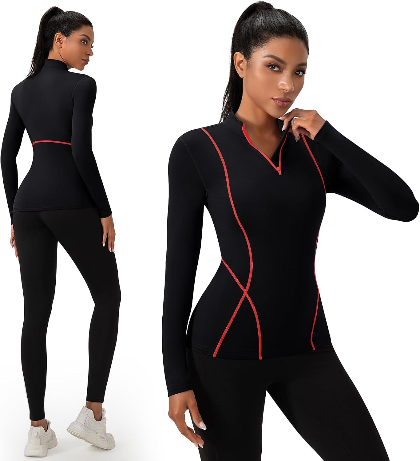 Womens Thermal Quarter Zip Pullover, Fleece Lined Long Sleeve Workout Top Quick Dry Moisture Wicking Athletic Shirt