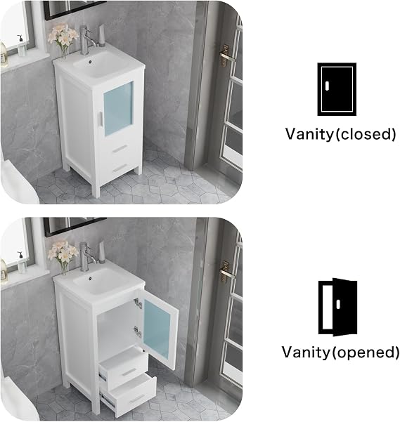 wonline 16 Bathroom Vanity Set, Single Small Bathroom Cabinet with Ceramic Sink, Modern White Cabinet Vanity with Faucet & Pop Up Drain