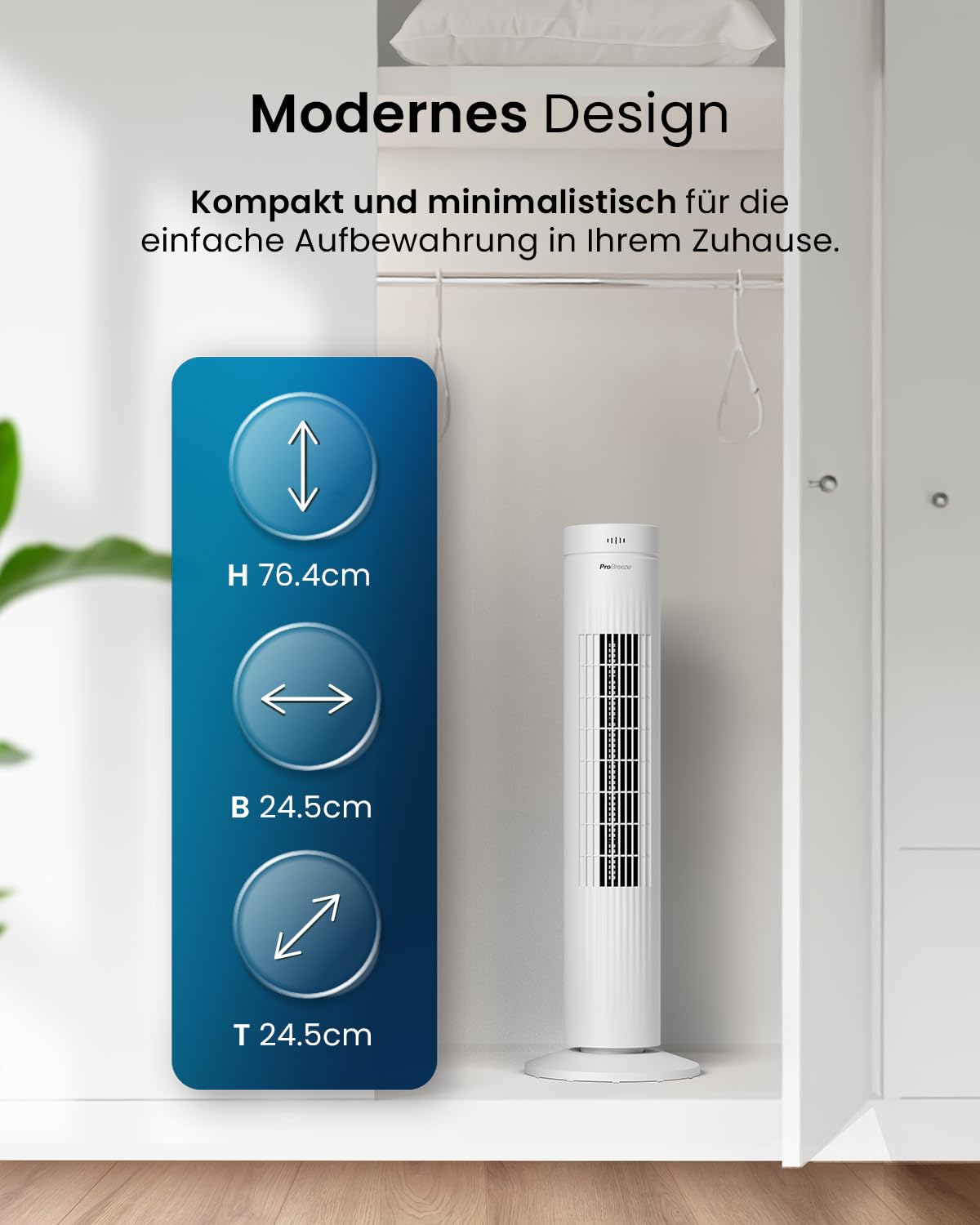 Pro Breeze Turmventilator mit Fernbedienung, 76cm Höhe - Ventilator 65° Oszillation, Timer, 3 Geschwindigkeiten – Leistungsstarker & energieeffizienter Ventilator leise für Schlafzimmer und Büro