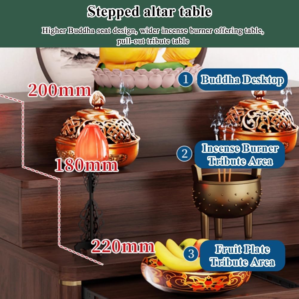 Solid Wood Frame Personal Shrine Altar Table, Buddha Niche Chinese Cabinet with Large Storage Cabinet, Meditation Prayer Table with Drawer (Dark Brown, 126cm/49.6in)