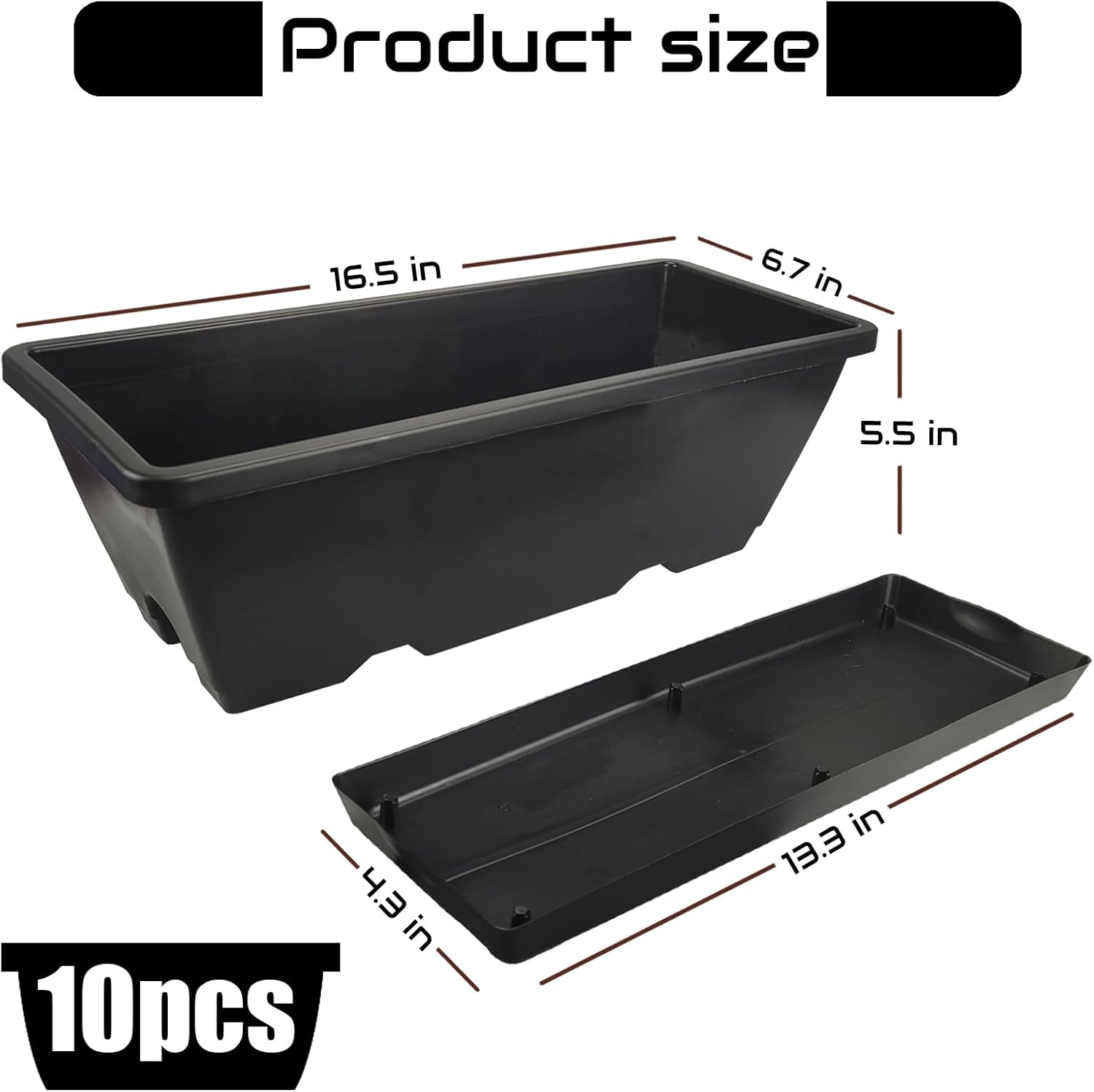 QPEY Window Box Planter, 10 Pack 17 Inch Plastic Flower Box with Tray Rectangular Planters for Outdoor Indoor Plants Garden Home Decor (Black)