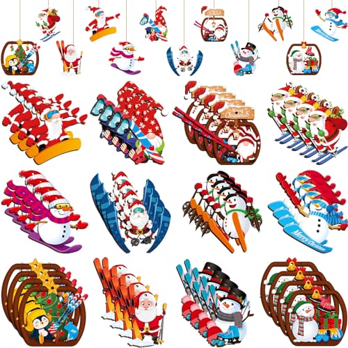 Harloon 48 stuks houten hangende kerstversieringen, kerstboomdecoraties, kerstboom, vintage hangende borden voor Kerstmis, boerderij, thuis, winter, vakantie, feestbenodigdheden (ski)