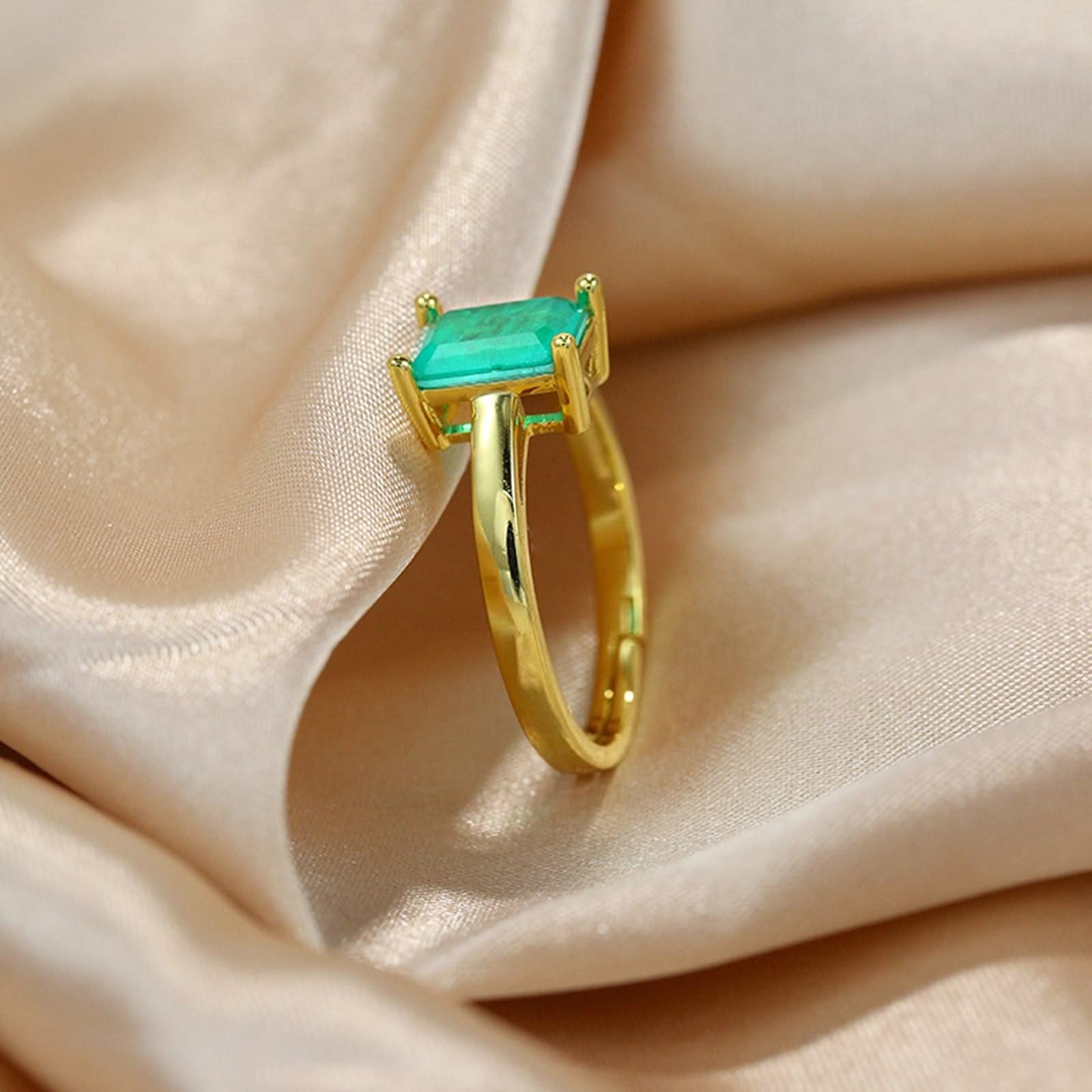 WXKAGF Verstellbarer offener Ring, quadratische Gold-Verlobungsringe mit grünem Smaragd-Edelstein, S925-Sterlingsilber, verstellbar