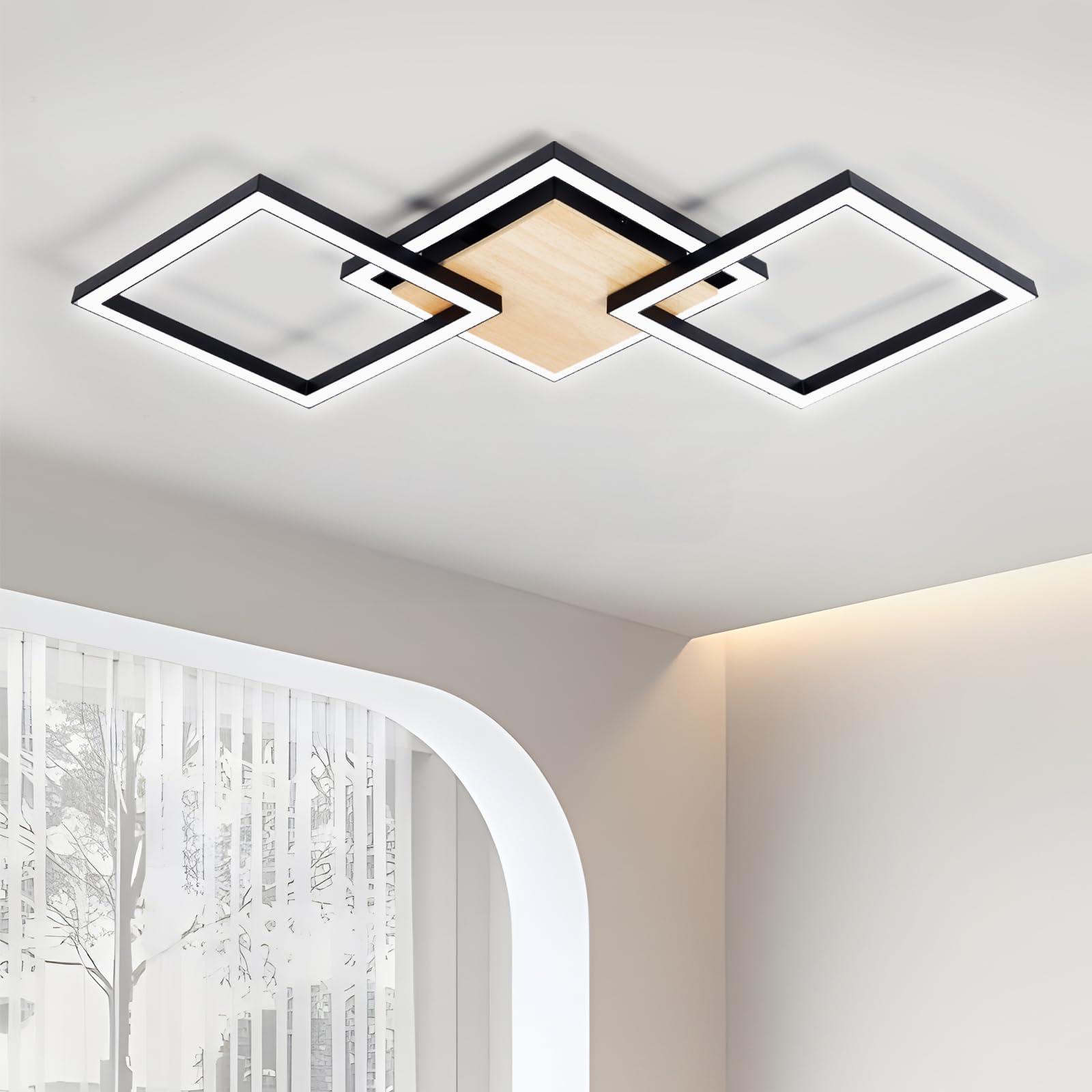 BrightFly LED Deckenleuchte, Modernes Quadratisches Design Deckenlampe, Schwarzes Kunststoff- und Holzmaserungsdesign Deckenlampe Wohnzimmer, Schicke Deckenleuchte Schwarz für Küche Schlafzimmer Flur