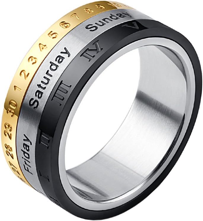 PAURO Men's Stainless Steel Arabic and Roman Numerals Engraved Spinner Ring Gold Silver Black