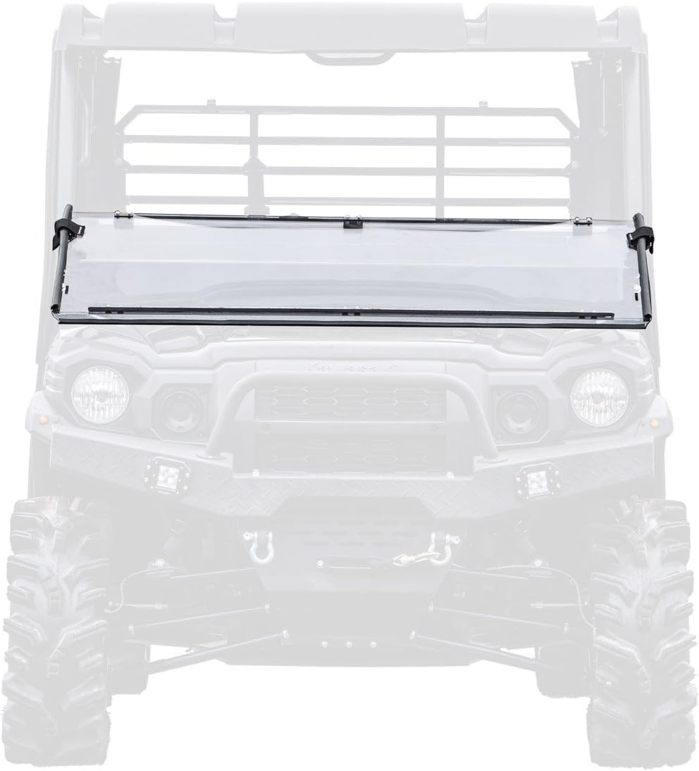 SuperATV Heavy Duty Scratch Resistant Flip Down Windshield Compatible With Kawasaki Mule Pro FXT, FX, DX, DXT: 2015+, Protected with XR Optic Hard Coating, USA Made