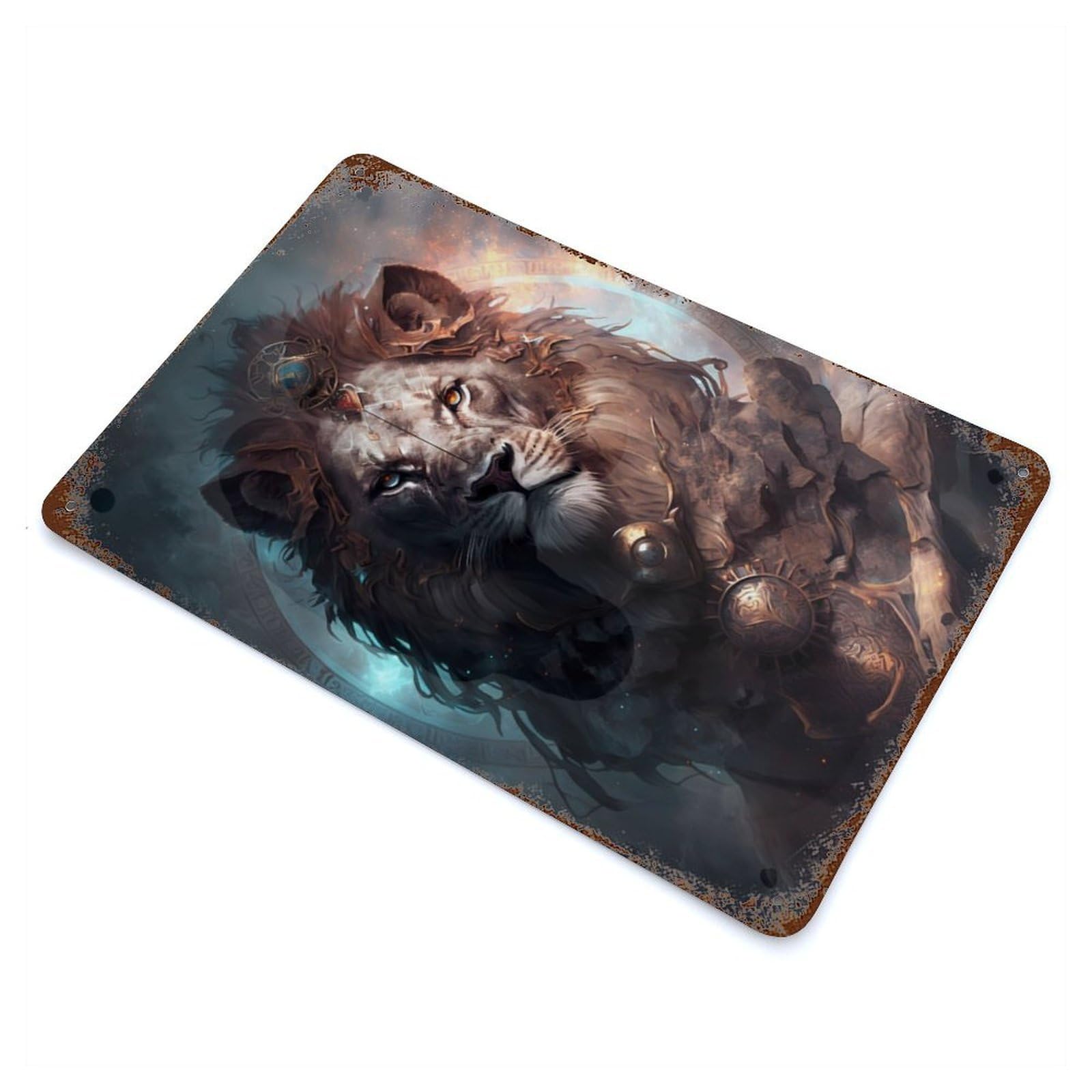 Distressed Metal Wall Sign with Super Lion Design 11.8"x7.9", for Living Room, Hallway And Home Decor, Vintage Wall Decor