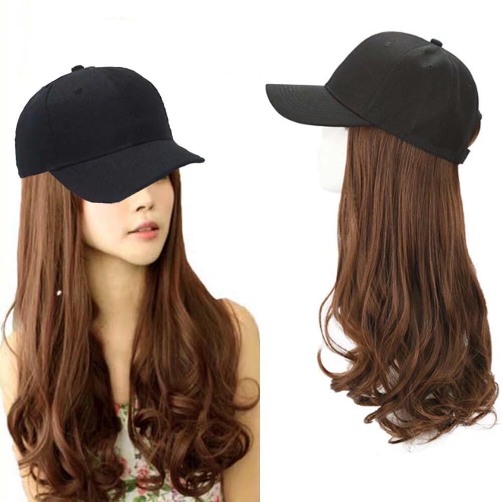 LaLuLoLi Synthetic Hair Extension Attached Hat Black Baseball Cap with Long Curly Wavy Hairpiece