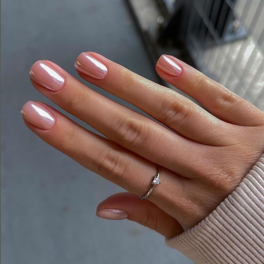 Chrome False Nails Short, SXVME Glazed Nude Pink Press On Nails Short Square, Glitter Shine Fake Nails Short Cute - Image 2
