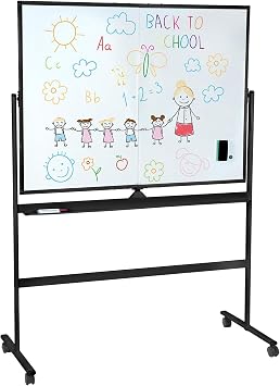 90x48 Mobile Whiteboard, Double Sided Rolling Dry Erase Board with Stand, Magnetic & Height Adjustable Large Reversible Whiteboard Easel on Wheels for Office and Classroom Black 90x120cm
