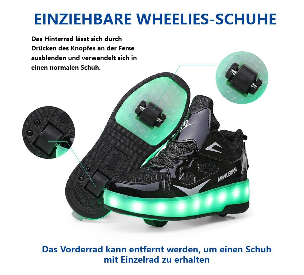 Sneaker per Bambini,Scarpe da Skateboard a Due Ruote,Luce a Cambio Colore Regolabile,Ricarica USB,universali per Ragazzi e Ragazze,Nero Rosa Oro Argento 27–40 EU