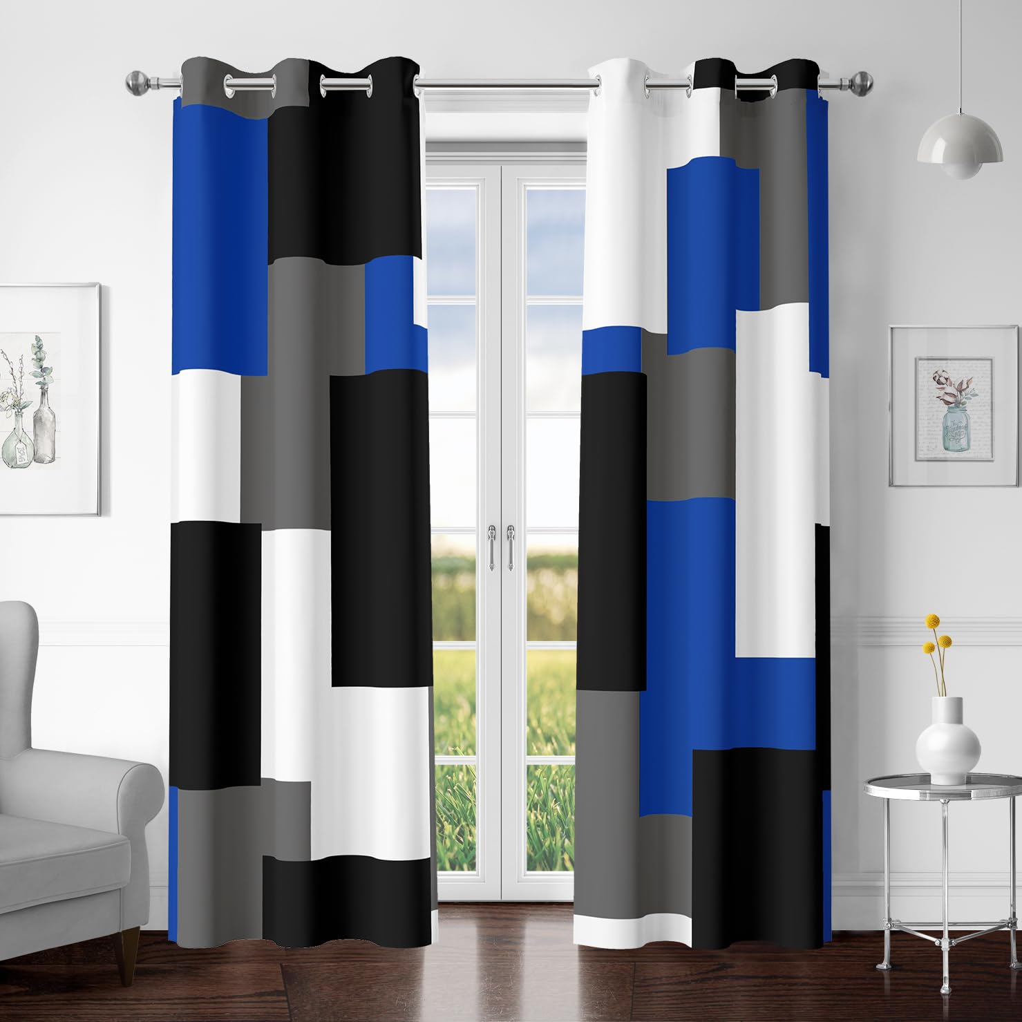 Tyrot Blue Gray 100% Blackout Curtains for Bedroom 63 inch Length 2 Panels Set White Grey Modern Abstract Geometric Black Out Curtains Insulated Room Darkening Window Drapes for Living Room, 42Wx63L