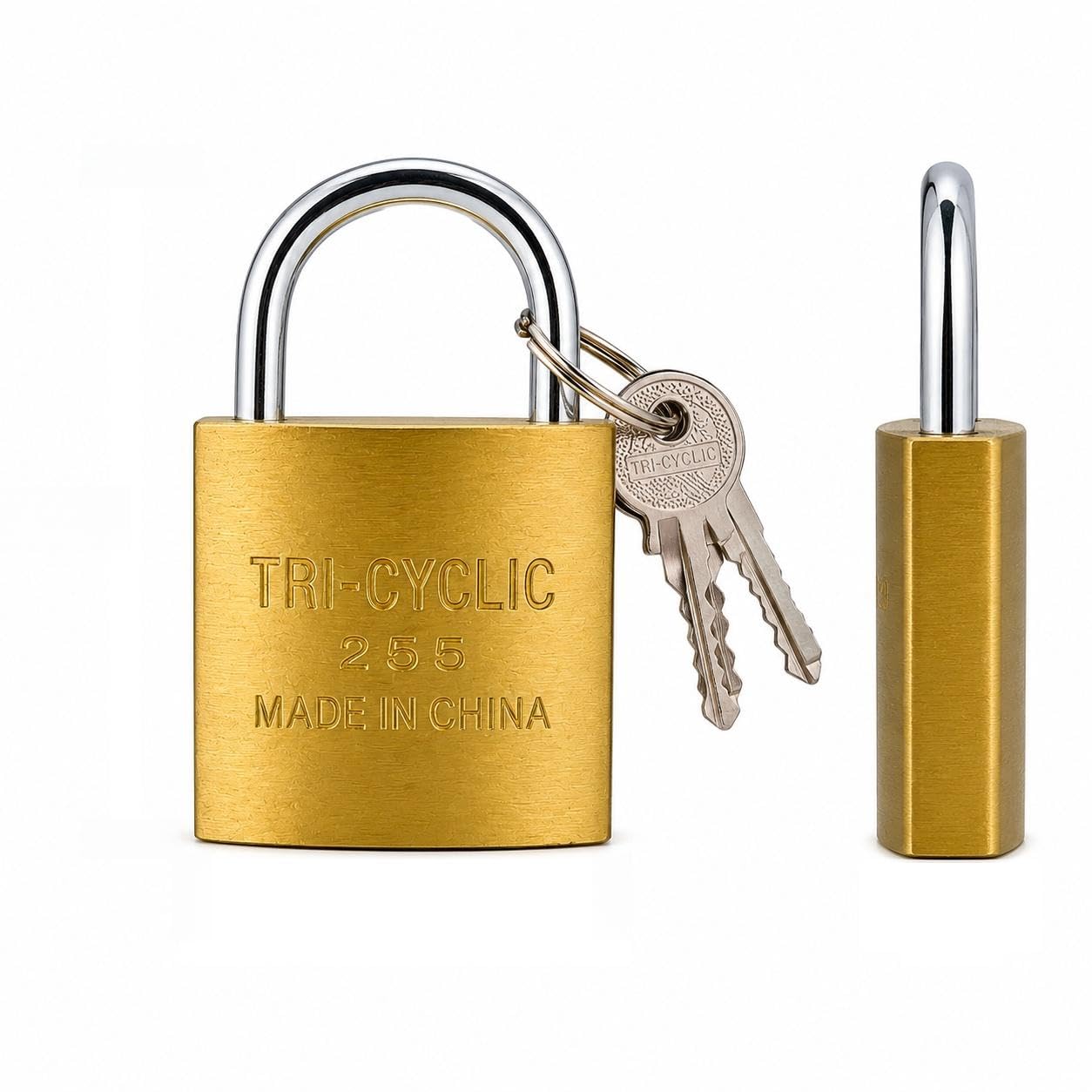 tri-cyclic brass padlock 255 heavy duty security lock with keys | anti-rust protection, steel shackle, 3 keys included, gate & door use, 8.5 x 6 cm size