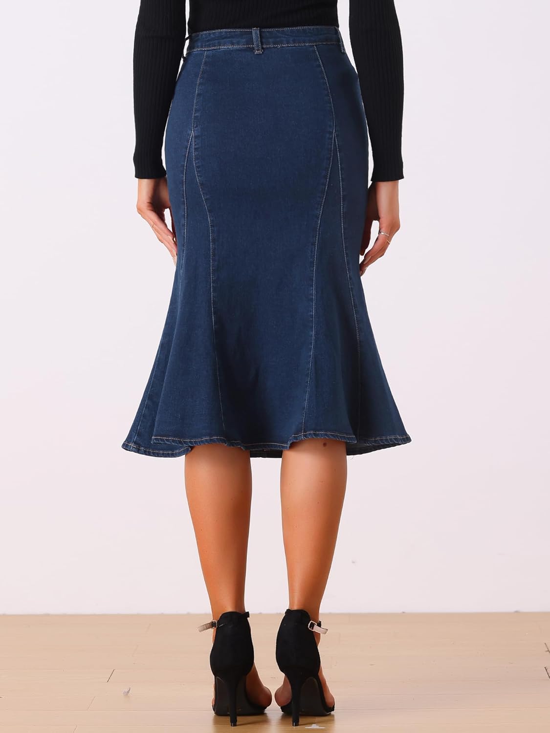 Allegra K Women's Ruffle Denim Skirt Midi Bodycon High Waist Fishtail Jean Skirts - Image 4