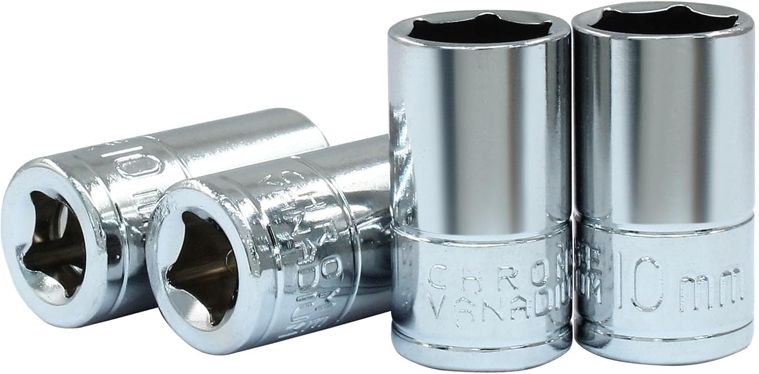4 Pcs 3/8 Inch Drive 10mm Shallow & Deep Socket Set, 6 Point Chrome Vanadium Steel Metric Sockets, Mirror Finish
