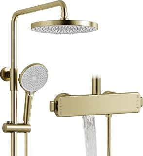 Columna ducha,Sistema de ducha retro de oro cepillado,Columna de ducha termostática,3 funciones Juego de ducha de pared,Con 260mm rociador redondo,Grifo de bañera,Ducha de mano de 3 modos