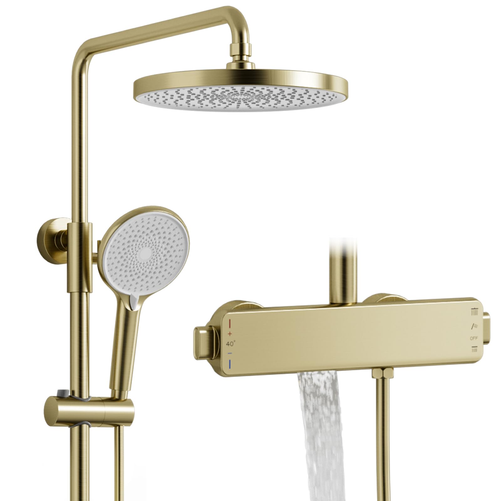Columna ducha,Sistema de ducha retro de oro cepillado,Columna de ducha termostática,3 funciones Juego de ducha de pared,Con 260mm rociador redondo,Grifo de bañera,Ducha de mano de 3 modos