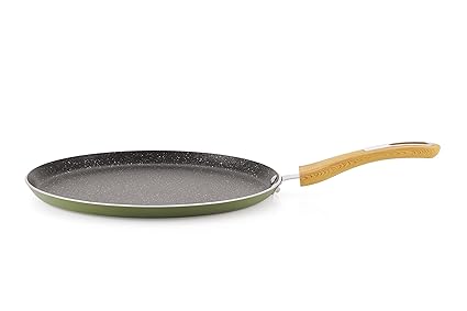 CELLO Woody Kitchen Non Stick Dosa Tawa with Wooden Handle 28 cm | Induction Base Dosa Tawa | Scratch Resistant | Dishwasher Safe | Green
