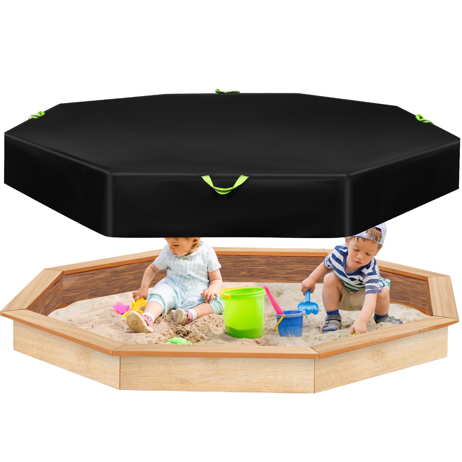 lasuroa Octagon Sandbox Cover, 84x78x9in Waterproof Protective Sand Box Cover with Drawstring Closure & Reflective Handles Black 420D Oxford Cloth Sandpit Pool Lid Outdoor for Kids