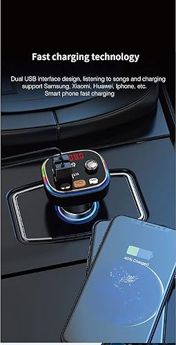Miniatura 6 de OHITEC Transmisor FM Bluetooth5.0 para automóvil, adaptador Bluetooth para automóvil con carga USB doble, reproductor de MP3, compatible con tarjeta