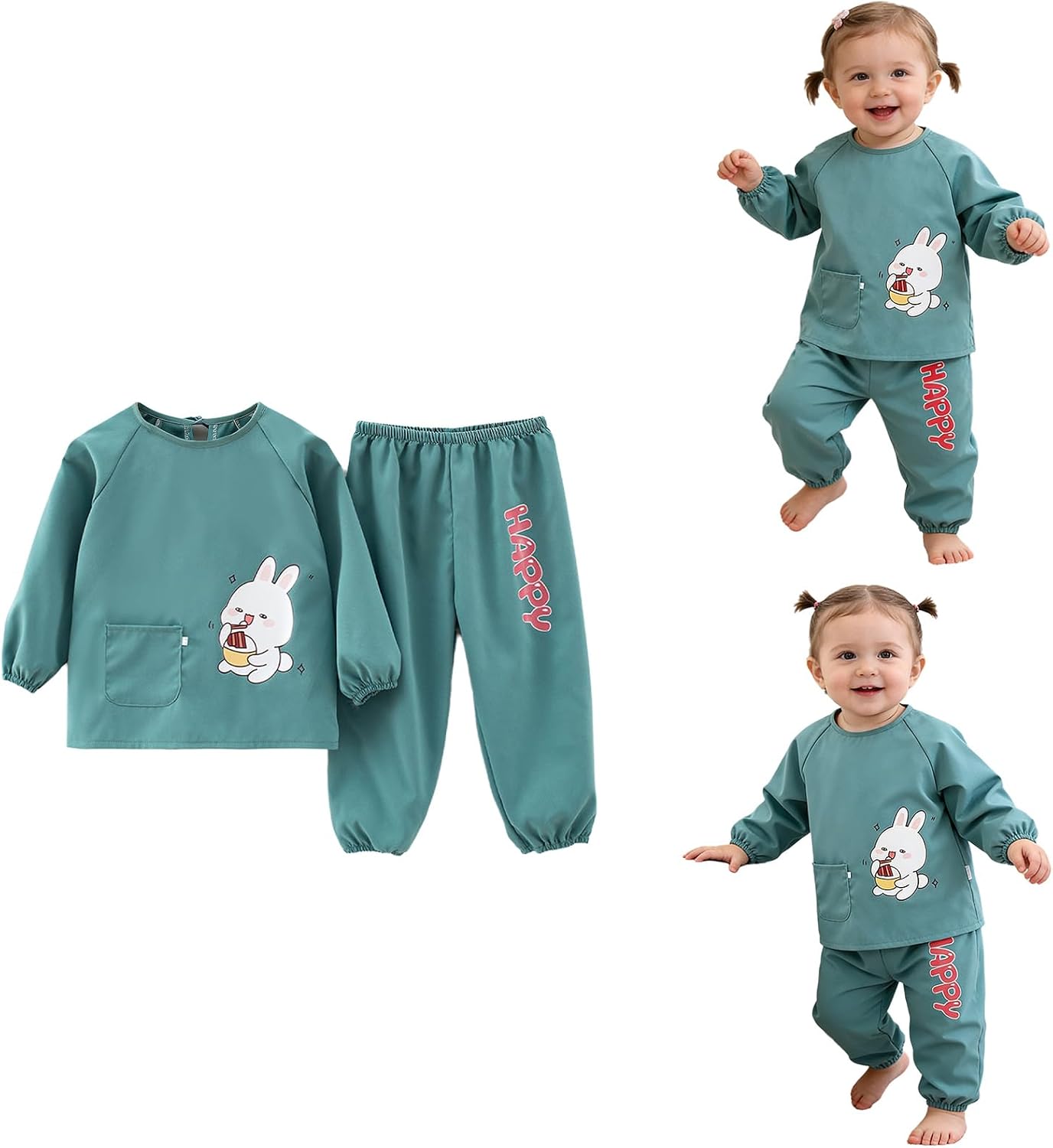 Agoky Coordinated Baby Outfit Little Muddy Buddy Clothes Crawling Coveralls Waterproof Top and Pants Set Green Rabbit 2-3 Years