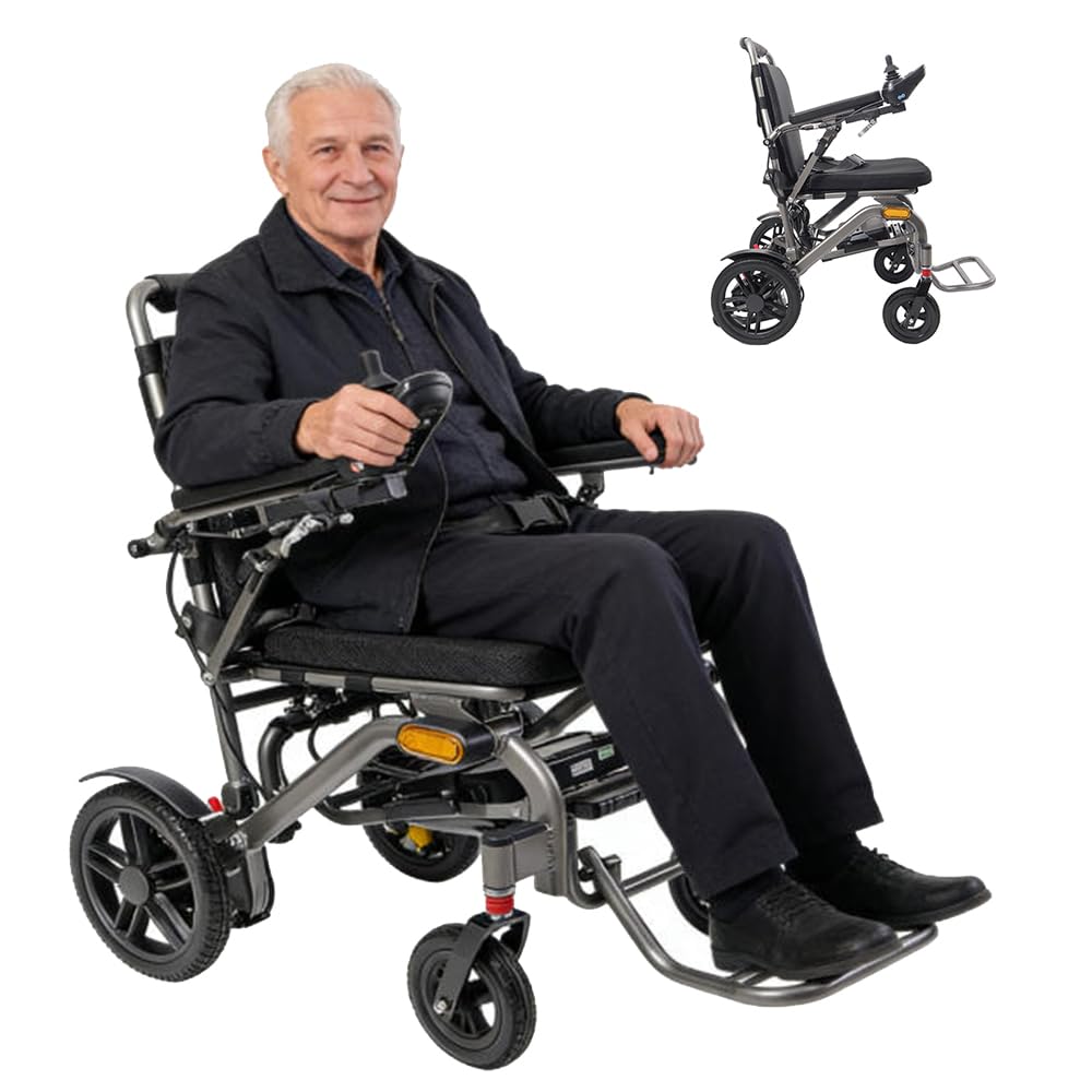 Silla de ruedas eléctrica plegable, portátil y ligera con barra de tracción: plegado rápido en 3 segundos, ruedas antideslizantes con amortiguación, capacidad de carga de 150 kg, diseño compacto para
