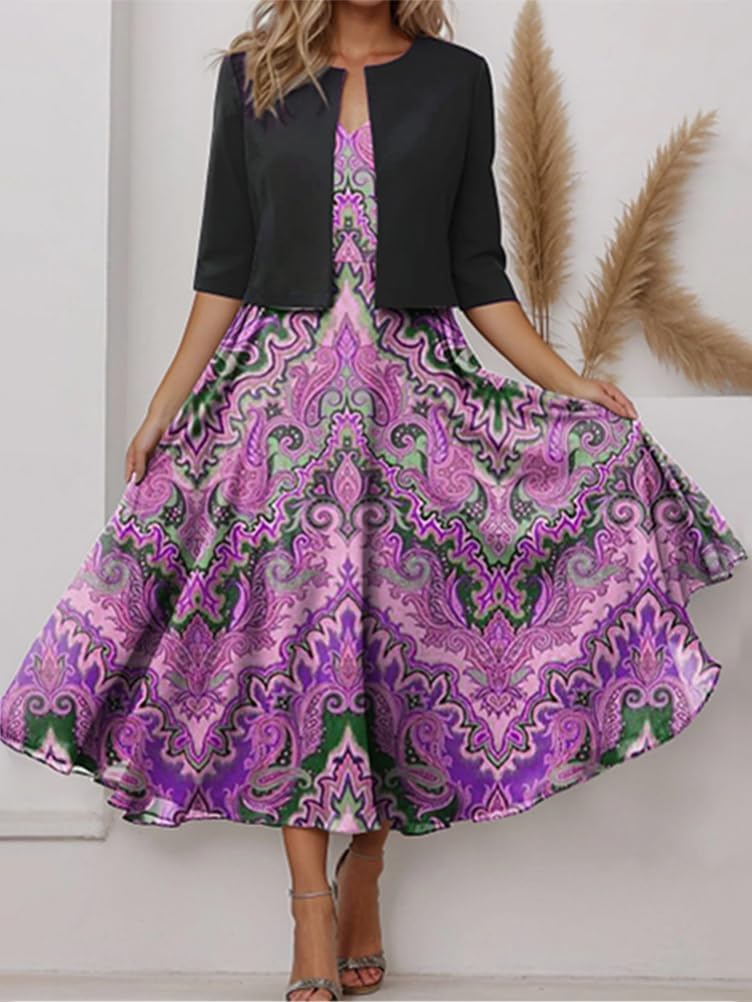 Abito Vintage A-line Minetom Per Donna - Maniche Corte, Lunghezza Al Ginocchio, Colore Viola (taglia 44)