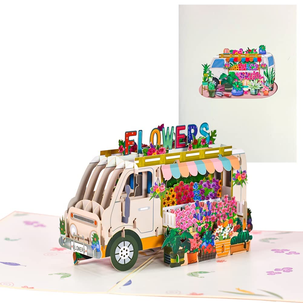 MAKINGTEC Flower Truck Pop Up Card, Handmade 3D Greeting Cards for Mothers Day, Valentines Day, Wedding, Anniversary, Thank You, Thinking of You, Sympathy, Get Well All Occasion