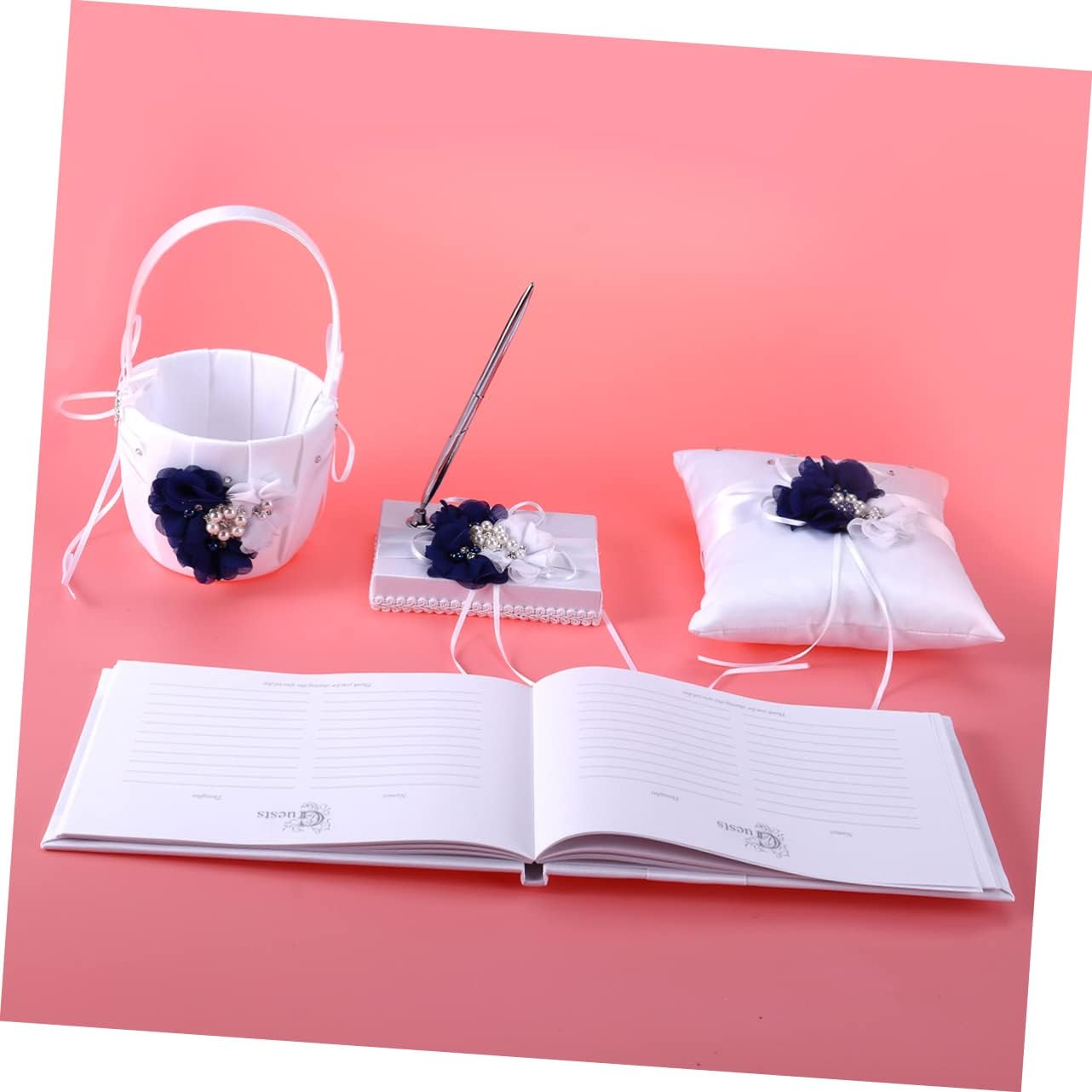 Bride Ring Pillow Flower Girl Basket Set 4pc Wedding Supplies Notebook and Pen Holder