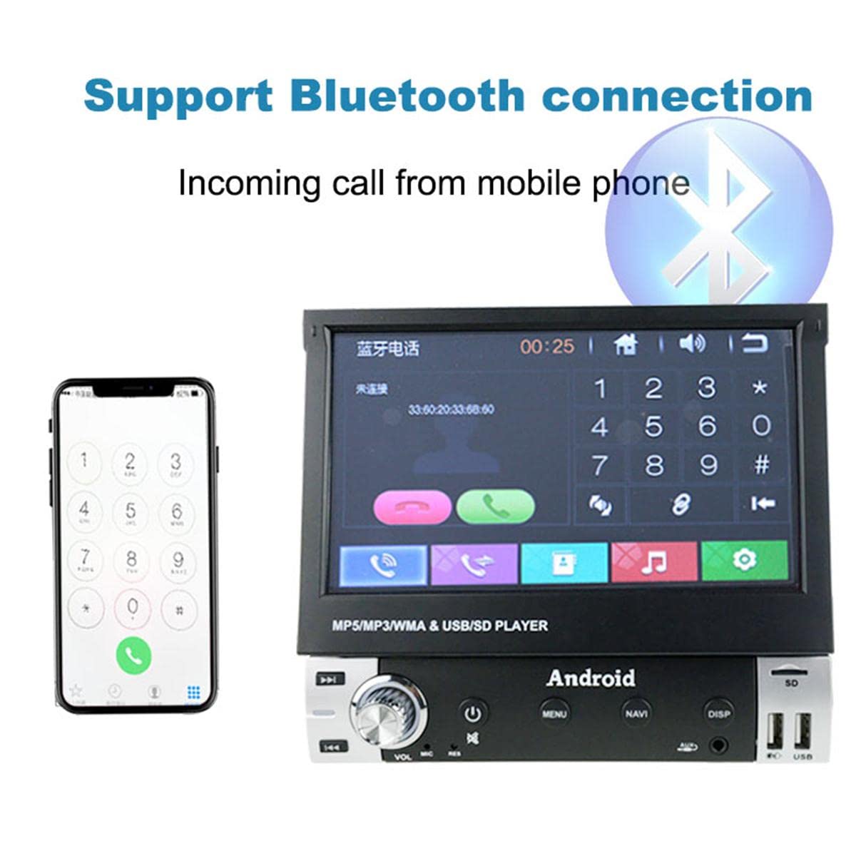 Estéreo para automóvil con Pantalla telescópica de un Solo lingote de 7 Pulgadas Navegador Android para automóvil Navegación en Pantalla Grande Todo en uno + cámara 4LED
