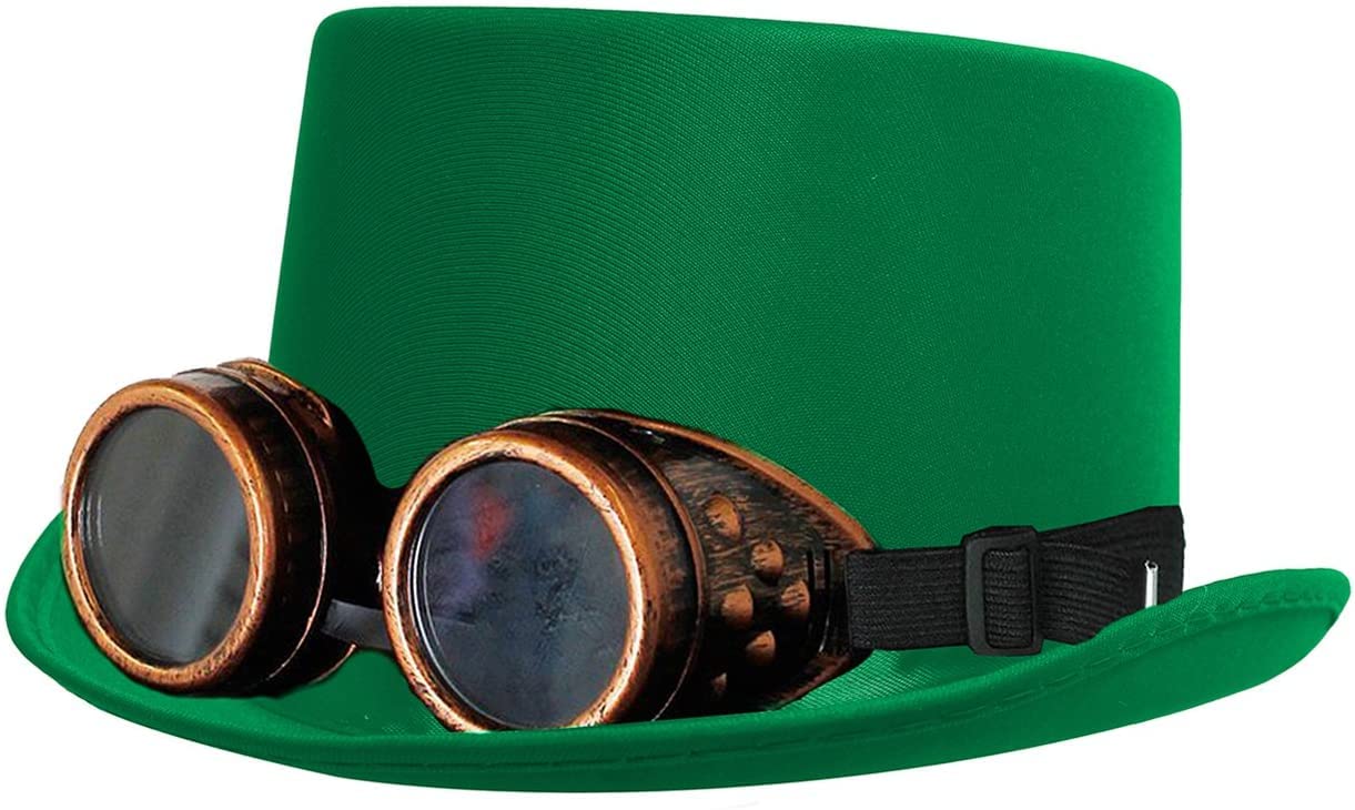 Steampunk Victorian Satin Top Hat With Bronze Goggles - Green Satin Top Hat With Goggles Perfect for Dance Shows or Fancy Dress
