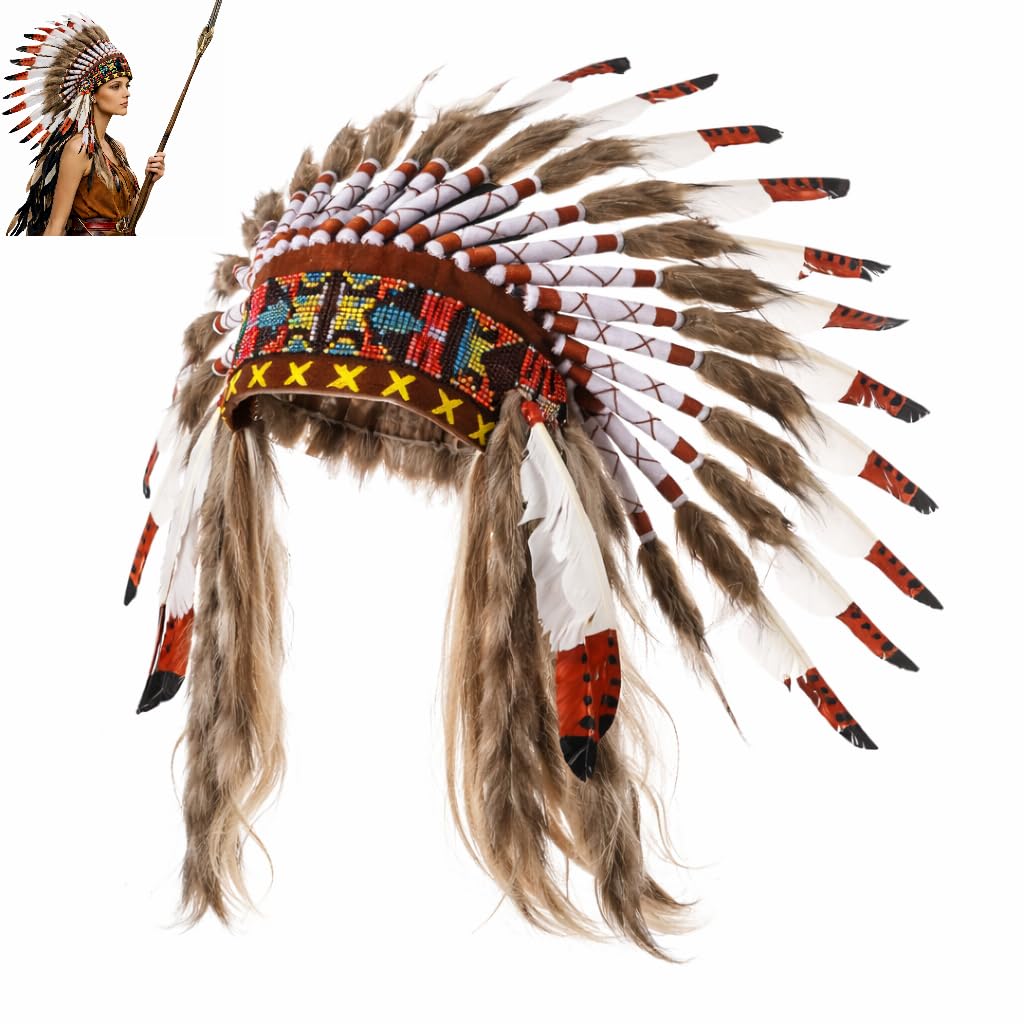 Tocado de plumas de jefe indio de 21.6 x 15.75 pulgadas para disfraz de Halloween, espectáculo de baile, fiesta de disfraces