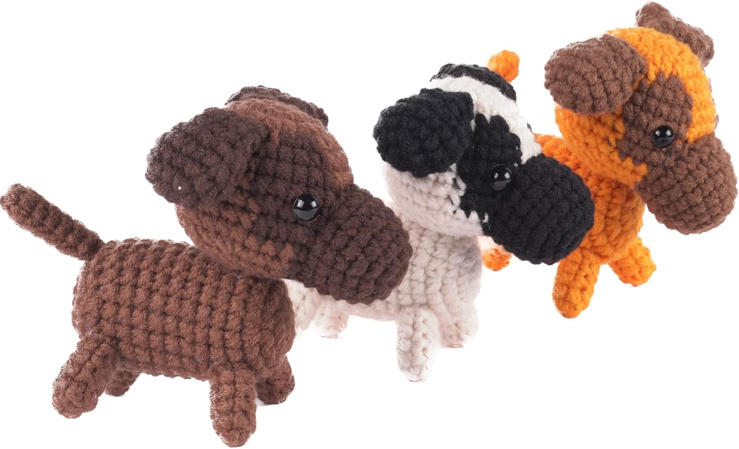 Finnacy Crochet Dog Kit - 3 Pug Dogs, 1 Rice Bowl, 1 Dog Bone, 2 Small Balls - Beginner Starter Kit with Step-by-Step Video, Yarns, Hook and Accessories