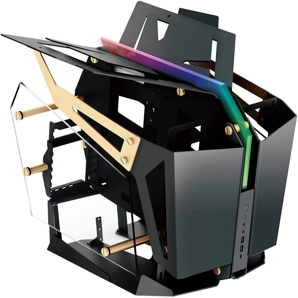 FSP Open Frame Gaming Streaming Case EATX/ATX/Mini- ITX, Dual-System, with 2 Tempered Glass Panels, Aluminum Case, ARGB Center Light Bar (CMT710 T-Wings Gold)