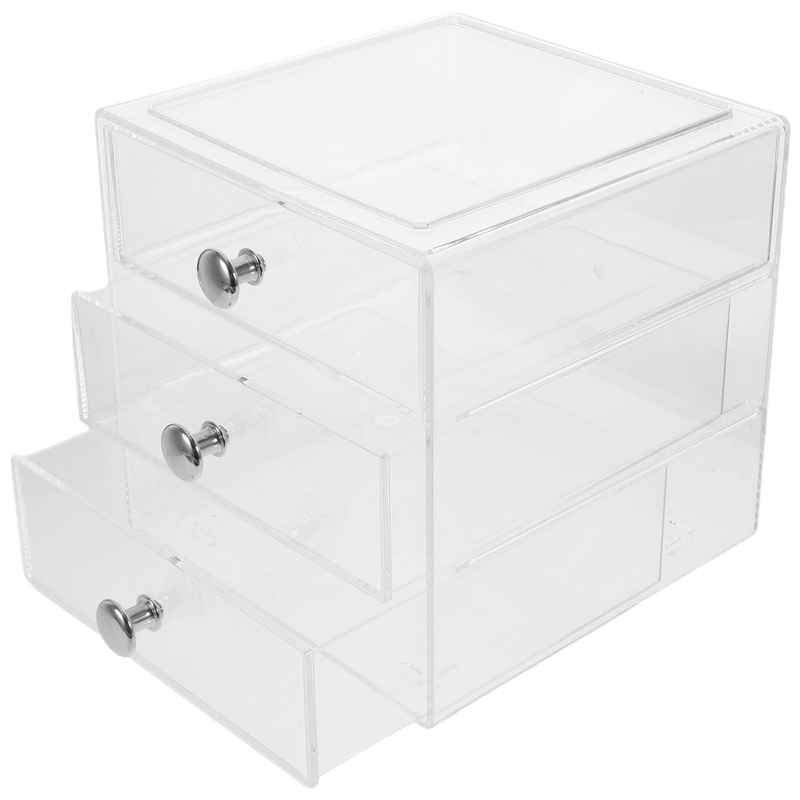 STOBAZA 3-layer Desktop Storage Box Makeup Organizer Sturdy Silver Handles Acrylic Makeup Display Case