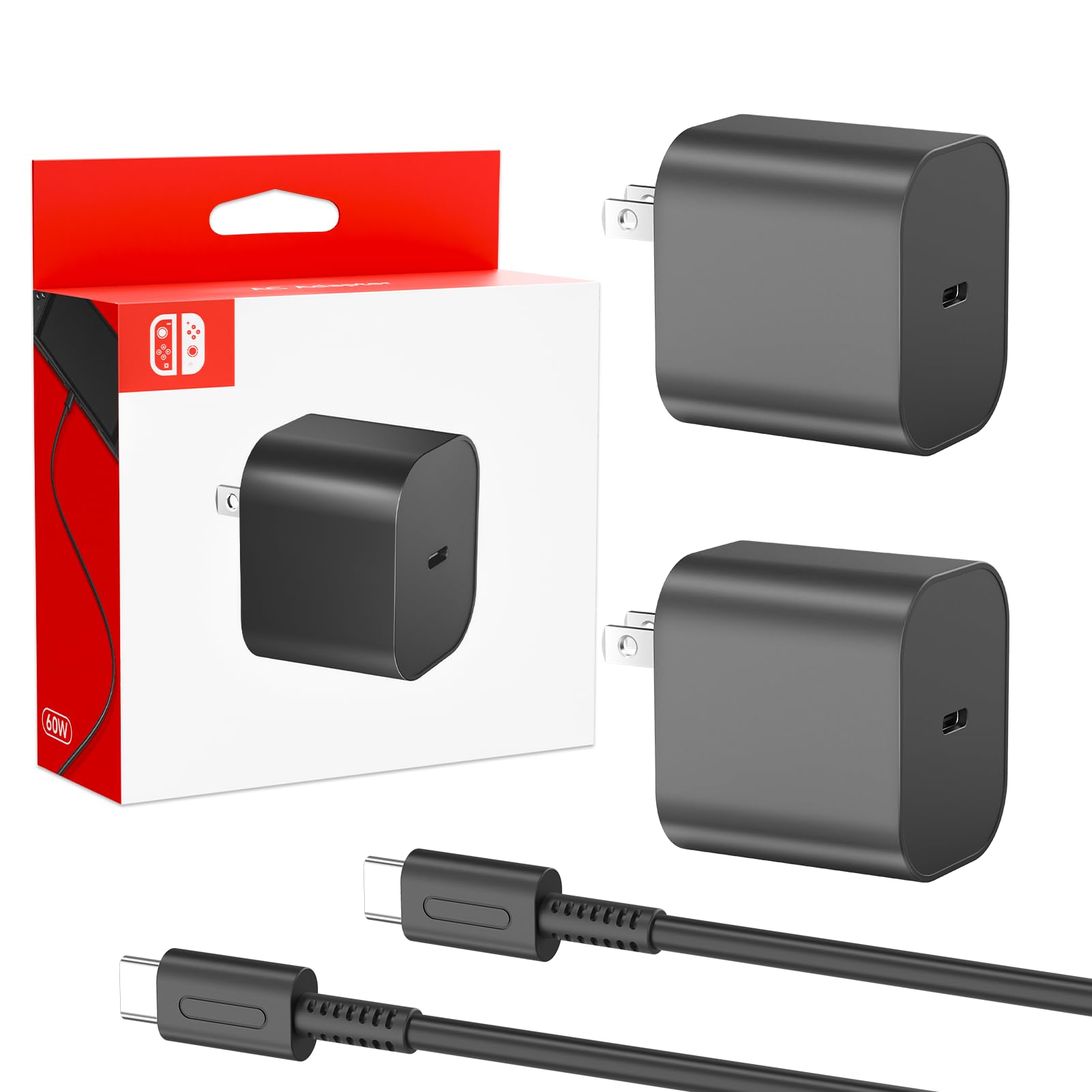 2-Pack 10ft Charger for Nintendo Switch 2-20V 3A 60W AC Adapter | Fast Charging with 10ft USB C Cable, Compatible with Switch/OLED/Lite/Steam Deck, Support 4K TV Mode, Original Quality