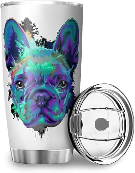 Coffee Cup French Bulldog Blue Dog Tumbler with Lid Stainless Steel Tumbler Car Cup Travel Mug Double Wall Insulated Tumbler Funny Animal Printed Coffee Mug for Dog Lover 20oz