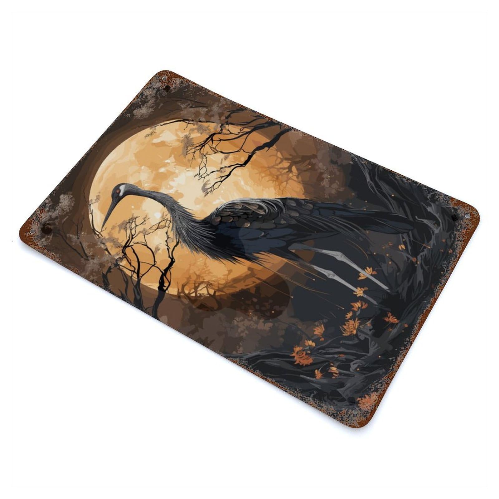 Vintage Rust Metal Sign with Black Stork Mythology Design 11.8"x7.9", for Garage, Bar And Workshop Decor, Retro Wall Decor