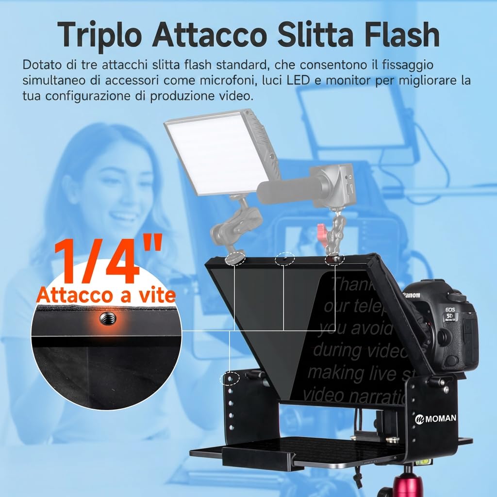 Moman MT12 Teleprompter 12.9 Pollici, Prompter Portatile con Telecomando APP e Controllo Remoto, Compatibile con iPad, iPhone, Tablet, Smartphone, Fotocamera DSLR (Supporto Metallico Regolabile)